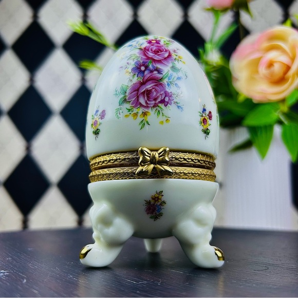 Vintage Other - Darling Porcelain Egg Trinket Box Footed Floral Hinged Keepsake Décor Vintage